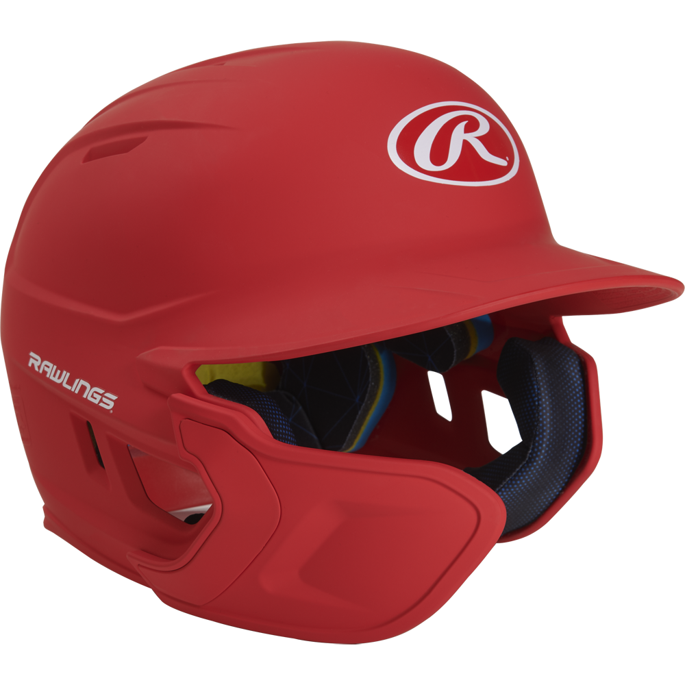 A bright red Rawlings Mach Matte Batting Helmet with EXT Flap (MACHEXT), featuring a protective face guard, blue interior padding, and the Rawlings logo on the front and side.
