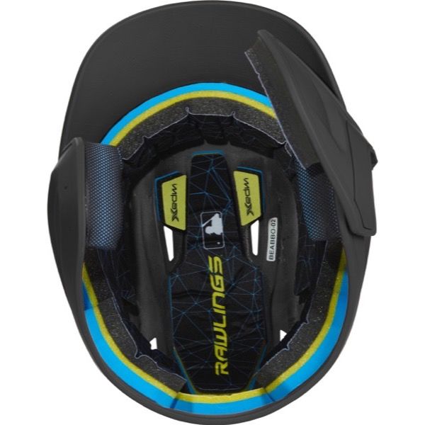 Top view of the Rawlings Mach Matte Batting Helmet with EXT Flap (MACHEXT) by Rawlings, featuring a padded interior, ear protection, and blue and yellow accents.