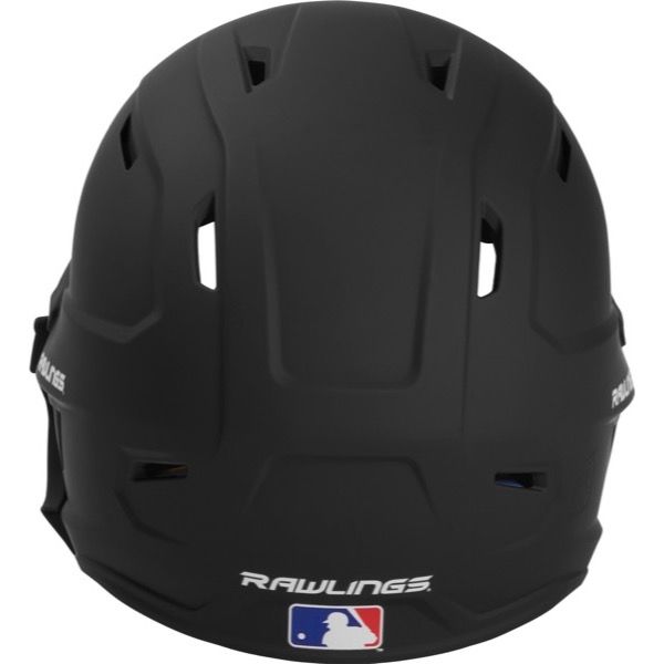 A Rawlings Mach Matte Batting Helmet with EXT Flap (MACHEXT) in black is shown from the back, displaying the MLB logo at the bottom and ventilation slots on the top and sides.