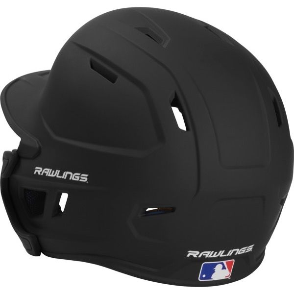 The Rawlings Mach Matte Batting Helmet with EXT Flap (MACHEXT) features a matte black finish, ventilation slots, Rawlings logos on the sides and back, and an MLB logo sticker on the back.