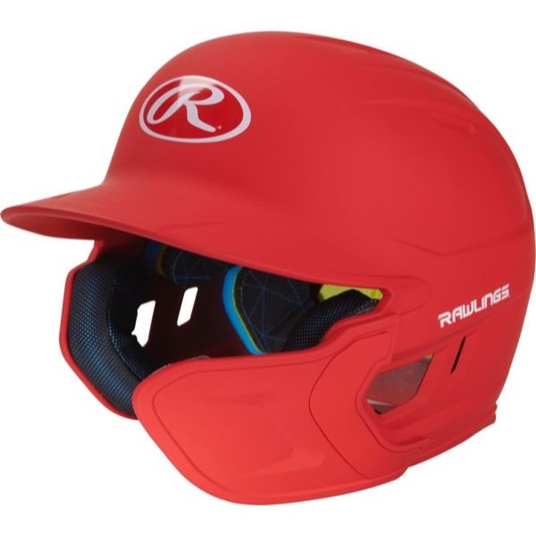 A vibrant red Rawlings Mach Matte Batting Helmet with EXT Flap (MACHEXT), showcasing the white Rawlings logo on the front and side, plus black padded interior lining for comfort.