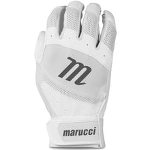 The Marucci Badge Tee Ball Youth Batting Gloves (MBGBAY) are white with a large gray M logo, perforations for ventilation, a rubberized palm for grip, and “marucci” on the adjustable wrist strap.