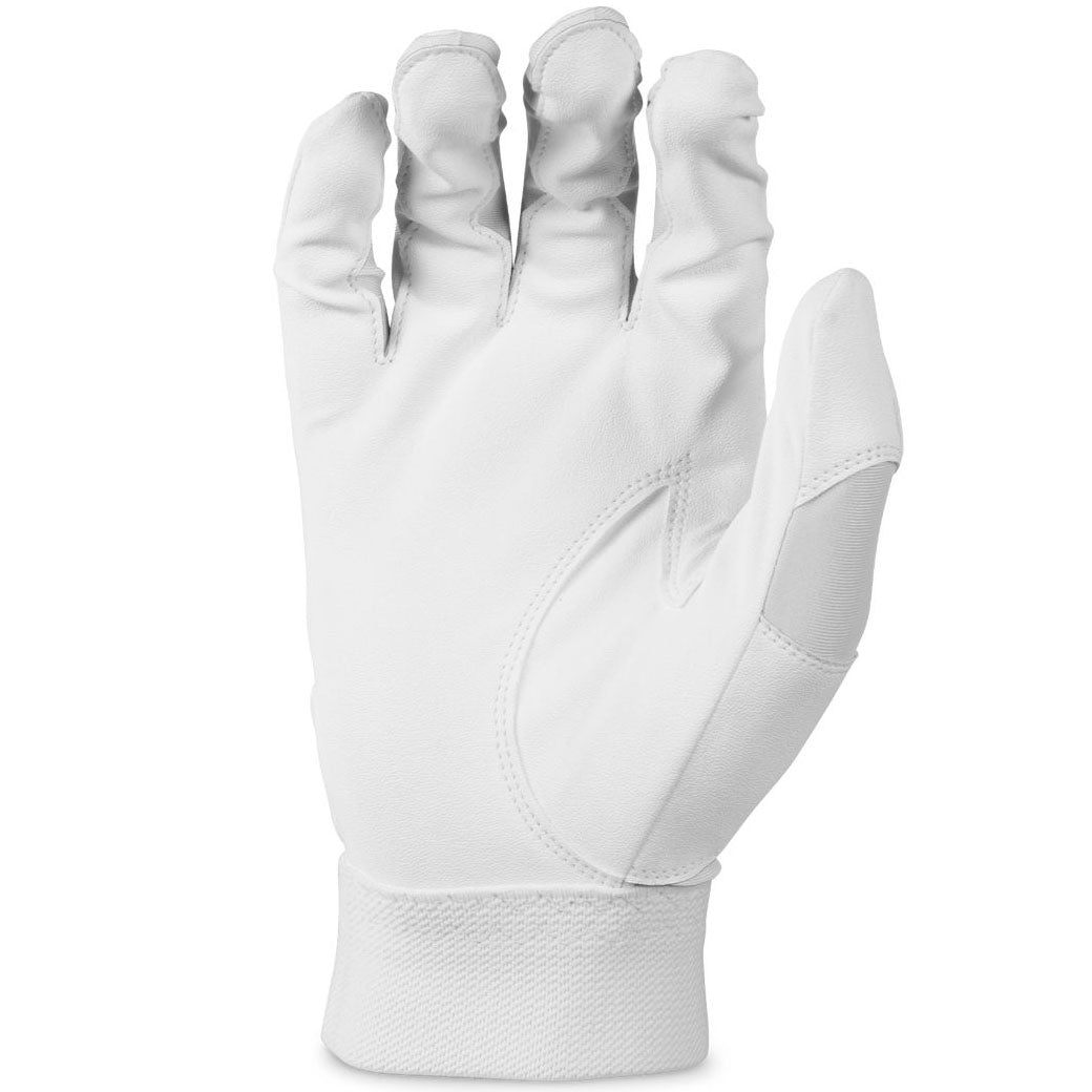 The Marucci Badge Tee Ball Youth Batting Gloves (MBGBAY) by Marucci feature a textured wrist cuff, displayed upright with the palm facing away and fingers slightly bent.
