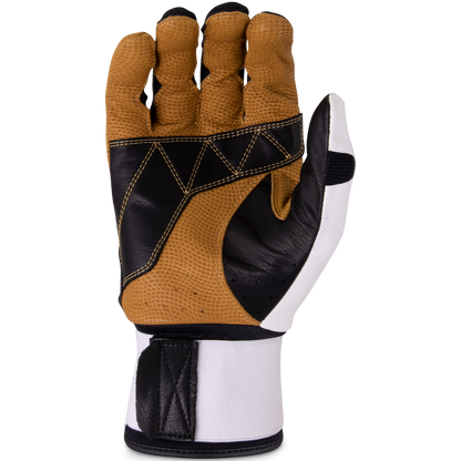 The Marucci Blacksmith Adult Batting Glove (MBGBKSMFW) by Marucci is a brown, black, and white durable training glove with reinforced stitching, a goatskin palm, and a wide white wrist strap secured by a black Velcro patch.