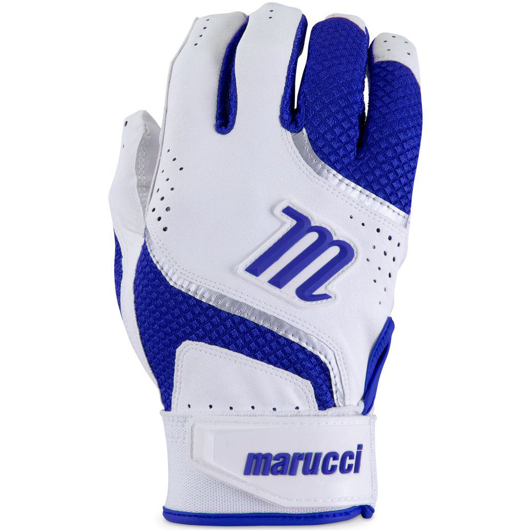 The Marucci Code Youth Batting Gloves: MBGCD2Y are white and blue gloves with a leather palm, a large “m” logo on the back, "Marucci" on the wrist strap, and a breathable mesh back for comfort.