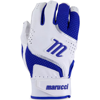 The Marucci Code Youth Batting Gloves: MBGCD2Y are white and blue gloves with a leather palm, a large “m” logo on the back, "Marucci" on the wrist strap, and a breathable mesh back for comfort.