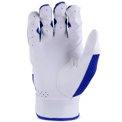 The Marucci Code Adult Batting Gloves (MBGCD2) by Marucci are shown palm up, featuring a flexible leather palm, blue accents, ventilation holes on the fingers and wrist, and textured blue along the hand's outer edge and thumb.