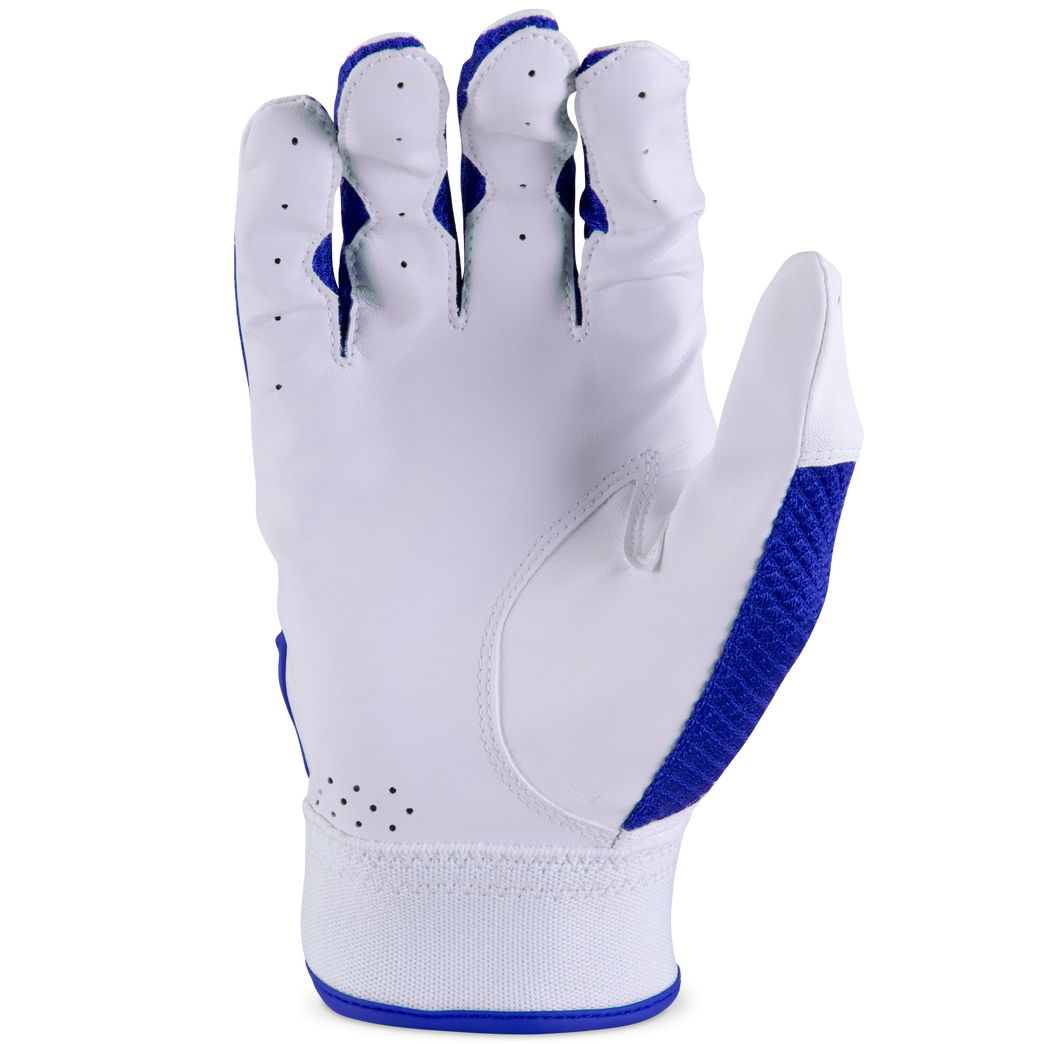 The Marucci Code Youth Batting Gloves (MBGCD2Y) by Marucci are shown palm-up on a white background, featuring a leather palm, ventilation holes, and textured blue mesh material along the side and wrist.