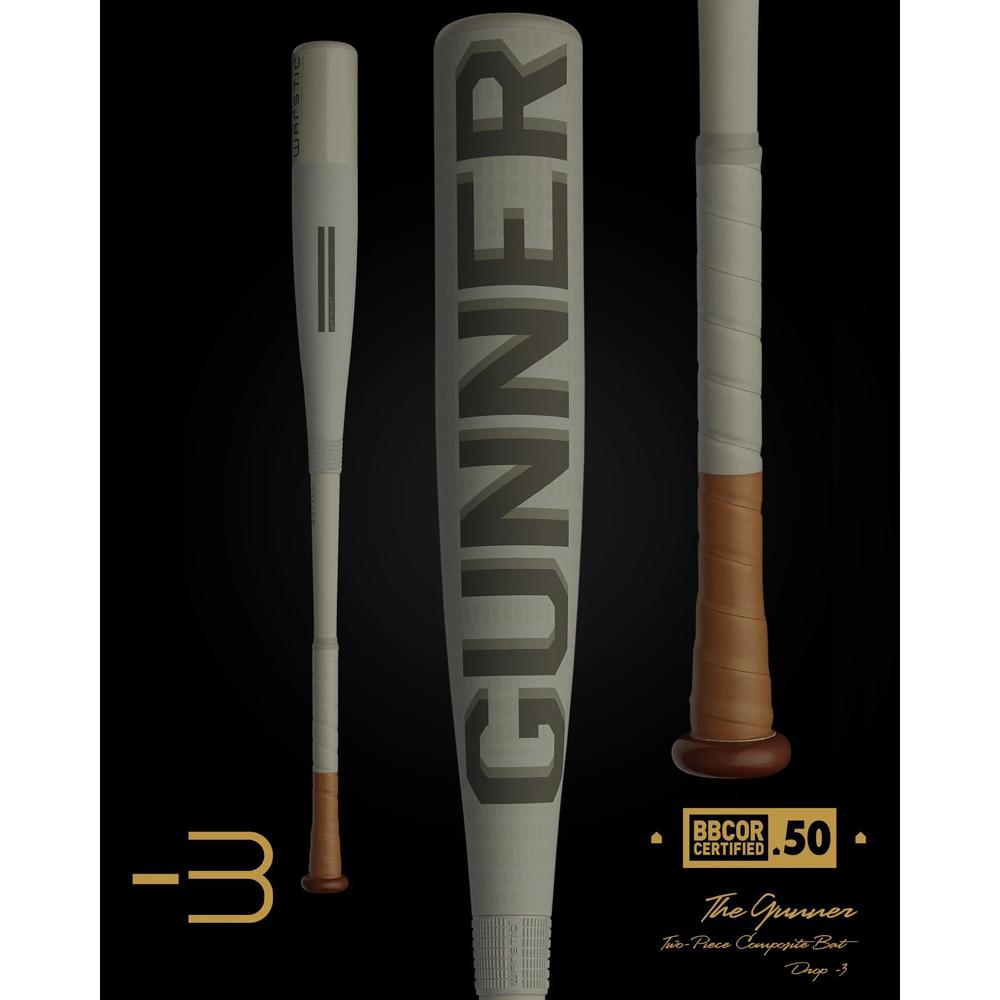 A metallic two-piece Warstic bat with "GUNNER" vertically on the barrel, shown from three angles on black. The 2022 Warstic Gunner -3 BBCOR Baseball Bat: MBGNR22GY3 (USED) has a white grip, brown knob, and visible .50 BBCOR logo; ideal for contact hitters.