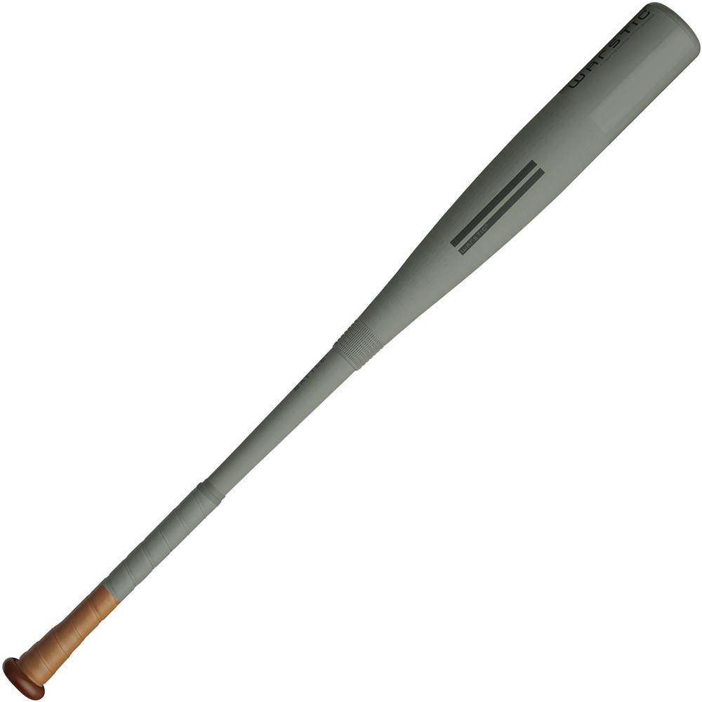 The 2022 Warstic Gunner -3 BBCOR Baseball Bat (MBGNR22GY3) is a gray two-piece bat with a wooden handle, minimal branding, and dark markings near the top—ideal for contact hitters. This used Warstic model suits players seeking simplicity and performance.