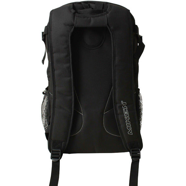 The Miken Freak Backpack: MFRKBP is shown from the back, featuring padded straps, mesh side pockets, and a large top handle. The white "MIKEN" logo appears on the right strap, making this bat bag both stylish and functional.