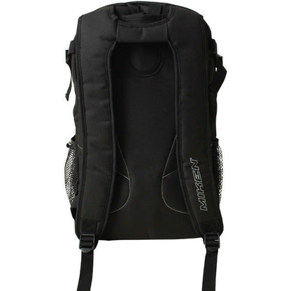 The Miken Freak Backpack: MFRKBP is shown from the back, featuring padded straps, mesh side pockets, and a large top handle. The white "MIKEN" logo appears on the right strap, making this bat bag both stylish and functional.
