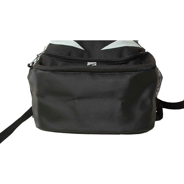 The Miken Freak Backpack: MFRKBP features a textured front pocket, mesh side pocket, and zippered top compartment. Shown in black against a white background.