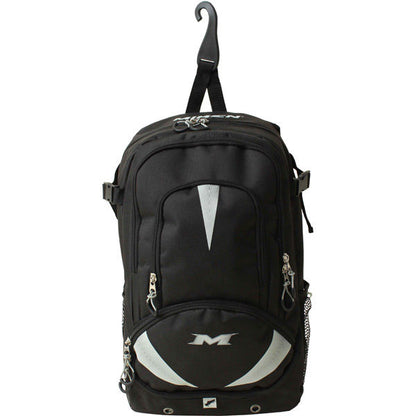 The Miken Freak Backpack: MFRKBP features black and gray design, multiple zippered compartments, mesh side pockets, a top handle with hook for hanging, and a white Miken logo—perfect as your next bat bag.