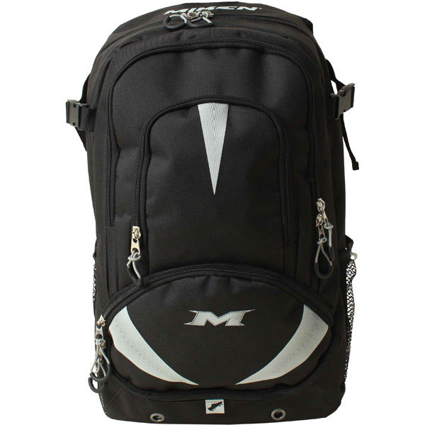 The Miken Freak Backpack: MFRKBP features a spacious black design with multiple zippered compartments, mesh side pockets, silver accents, and a bold white M logo—ideal as a sports bat bag.
