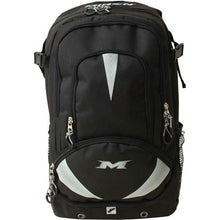 The Miken Freak Backpack: MFRKBP features a spacious black design with multiple zippered compartments, mesh side pockets, silver accents, and a bold white M logo—ideal as a sports bat bag.