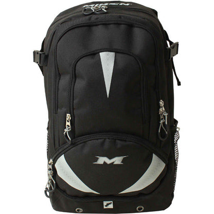 The Miken Freak Backpack: MFRKBP features a spacious black design with multiple zippered compartments, mesh side pockets, silver accents, and a bold white M logo—ideal as a sports bat bag.
