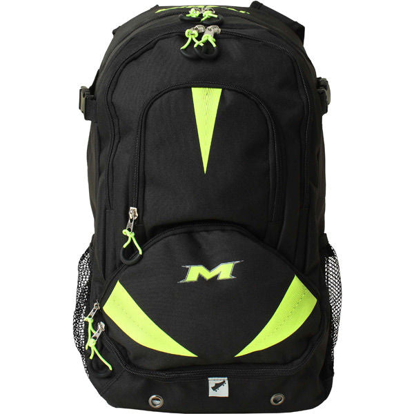 The Miken Freak Backpack: MFRKBP by Miken features a black design with neon yellow accents, a bold front M logo, green zipper pulls, mesh side pockets, and multiple compartments—ideal as a stylish bat bag for your gear.