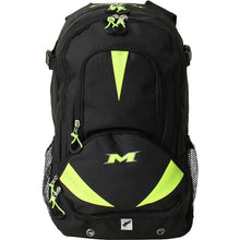 The Miken Freak Backpack: MFRKBP by Miken features a black design with neon yellow accents, a bold front M logo, green zipper pulls, mesh side pockets, and multiple compartments—ideal as a stylish bat bag for your gear.