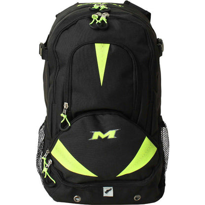 The Miken Freak Backpack: MFRKBP by Miken features a black design with neon yellow accents, a bold front M logo, green zipper pulls, mesh side pockets, and multiple compartments—ideal as a stylish bat bag for your gear.