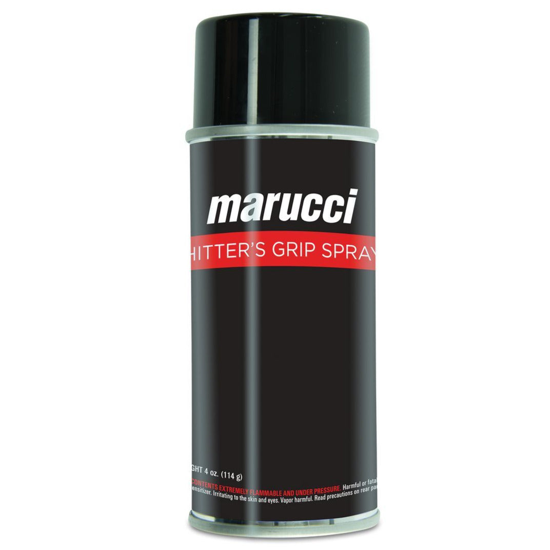A black can of Marucci Hitter’s Grip Spray (MHITGRIPSPRY) with silver cap, featuring the Marucci logo and product name in white and red—a top pine tar alternative for enhancing your batting grip.