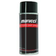 A black can of Marucci Hitter’s Grip Spray (MHITGRIPSPRY) with silver cap, featuring the Marucci logo and product name in white and red—a top pine tar alternative for enhancing your batting grip.