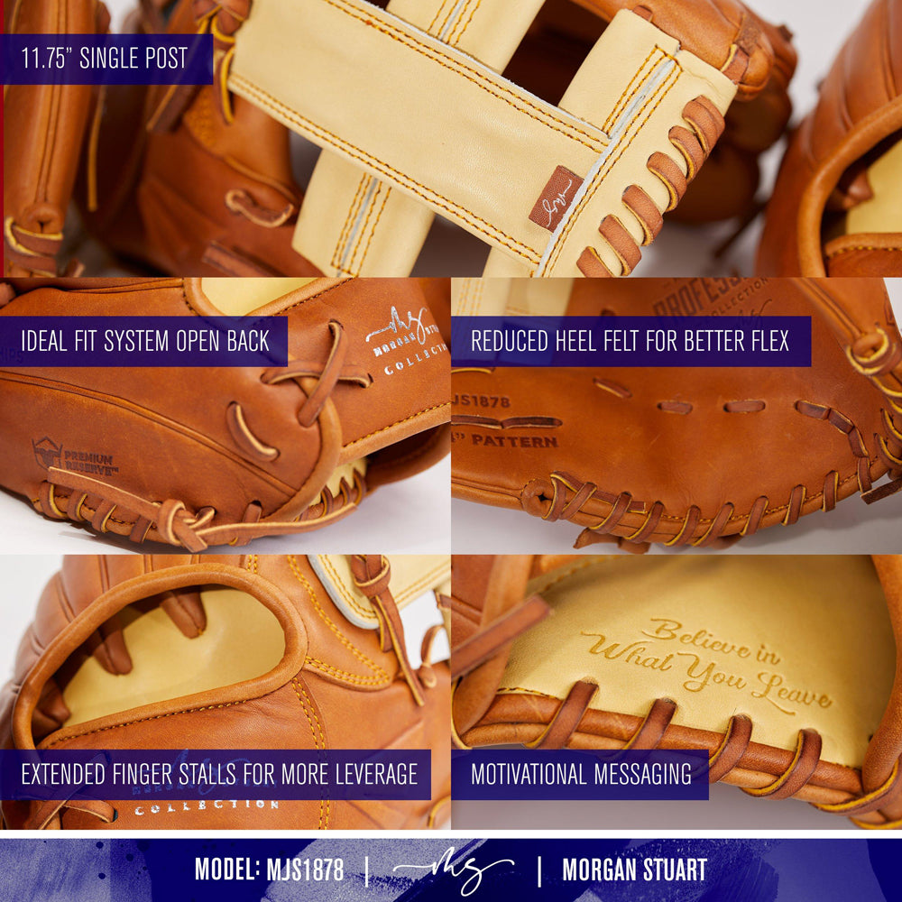 Close-up shots of the Easton Morgan Stuart Professional Collection Signature Series 11.75" Fastpitch Softball Glove, made from Premium Reserve USA steer hide with an open back, extended finger stalls, reduced heel felt, and motivational message inside.