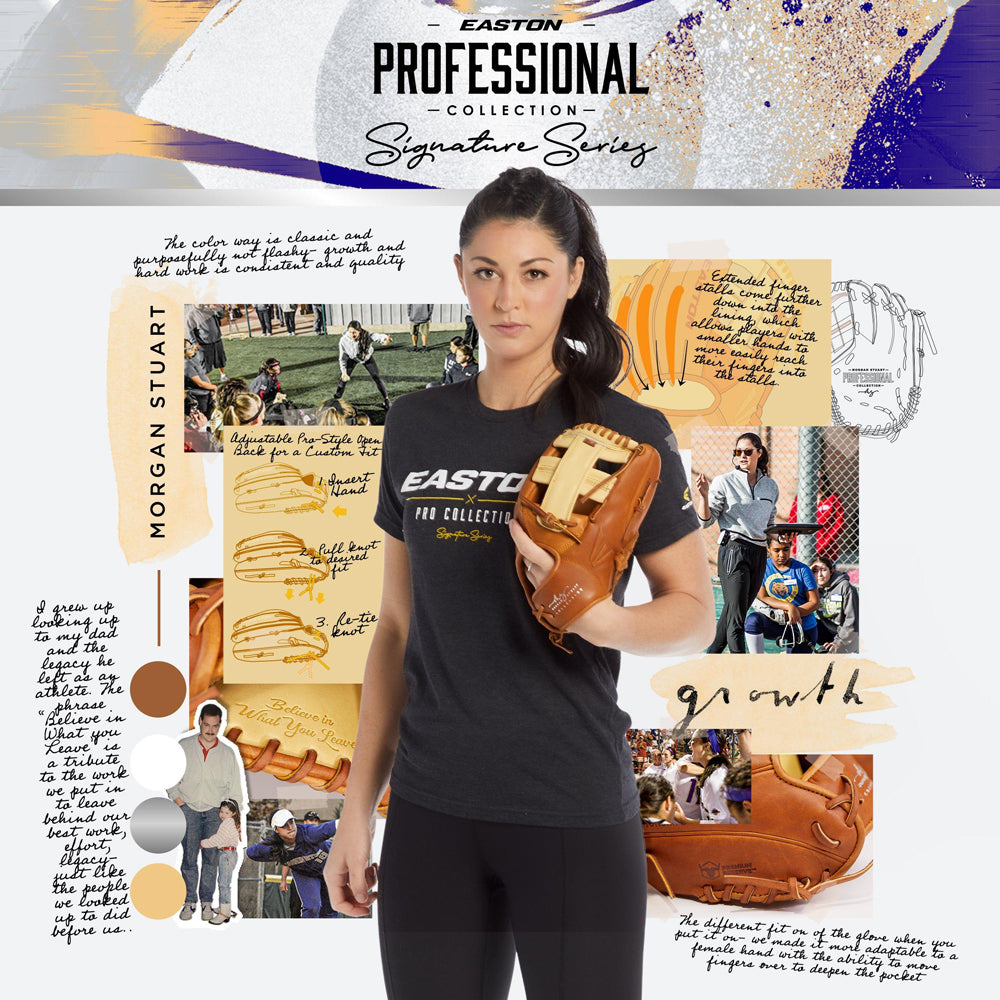 A woman in an Easton Pro Collection tee holds the Easton Morgan Stuart Professional Collection Signature Series 11.75" Fastpitch Glove (MJS1878), made from Premium Reserve USA steer hide. Behind her: glove sketches, notes, photos, and close-ups.
