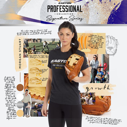 A woman in an Easton Pro Collection tee holds the Easton Morgan Stuart Professional Collection Signature Series 11.75" Fastpitch Glove (MJS1878), made from Premium Reserve USA steer hide. Behind her: glove sketches, notes, photos, and close-ups.
