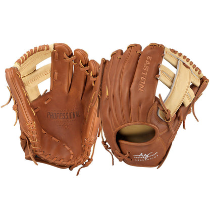 Two Easton Morgan Stuart Professional Collection Signature Series 11.75" Fastpitch Softball Gloves, crafted from Premium Reserve USA steer hide leather with cream lacing, are shown side by side with the EASTON logo visible.