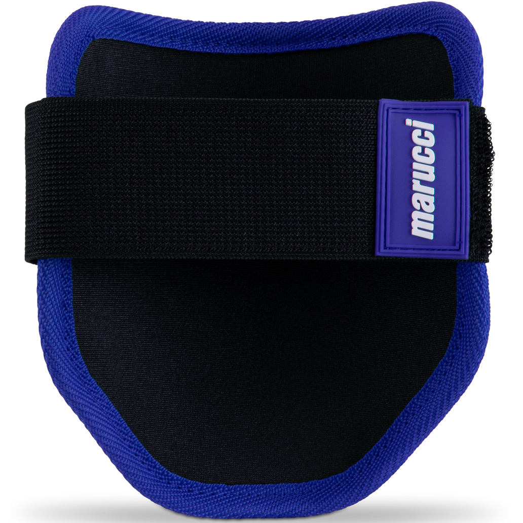 The Marucci Elbow Guard (MPELBGRD3) is a black and blue protective device with a durable PE shell, designed for weight lifting.