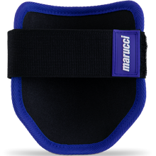 The Marucci Elbow Guard (MPELBGRD3) is a black and blue protective device with a durable PE shell, designed for weight lifting.