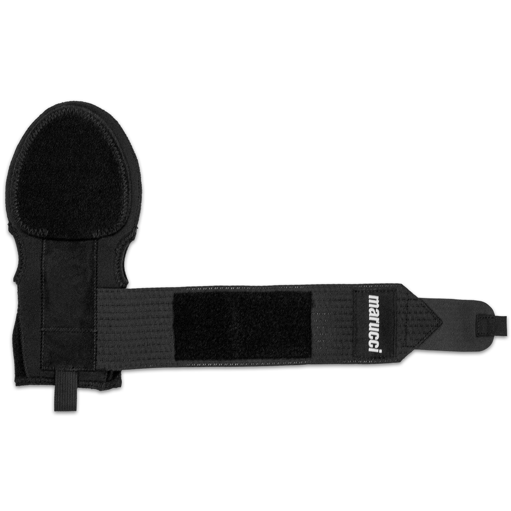The Marucci Sliding Mitt: MPSLDMITT is a black wrist guard with compression-fit neoprene and an adjustable Velcro strap, shown laid flat on a white background for superior hand protection.