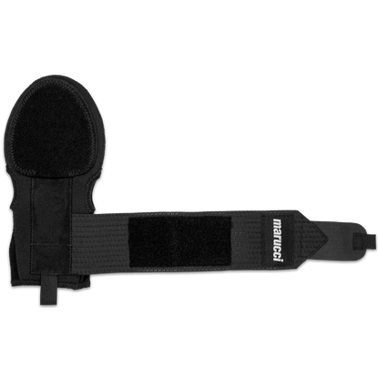 The Marucci Sliding Mitt: MPSLDMITT is a black wrist guard with compression-fit neoprene and an adjustable Velcro strap, shown laid flat on a white background for superior hand protection.