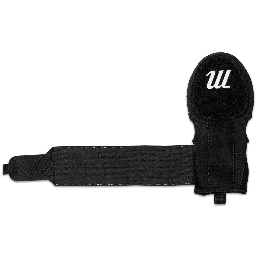 The Marucci Sliding Mitt: MPSLDMITT is a black compression-fit neoprene mitt with a wrist strap and white stylized W logo, shown flat on a white background, designed by Marucci to offer superior hand protection during play.