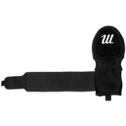 The Marucci Sliding Mitt: MPSLDMITT is a black compression-fit neoprene mitt with a wrist strap and white stylized W logo, shown flat on a white background, designed by Marucci to offer superior hand protection during play.