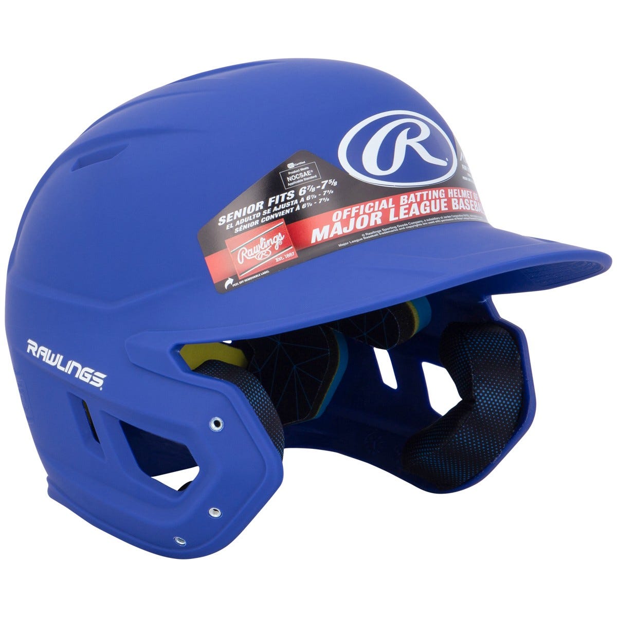 A blue Rawlings Mach Matte Batting Helmet (MACH) features a sticker reading "Official Batting Helmet of Major League Baseball" on the brim and visible interior padding—a quality choice for players seeking Rawlings performance.