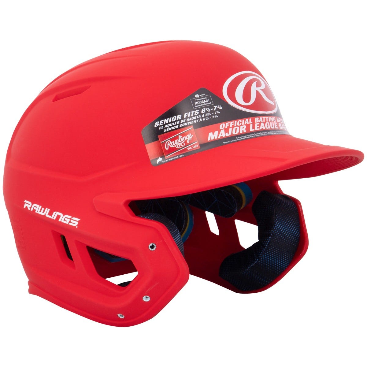 A vibrant red Rawlings Mach Matte Batting Helmet (MACH) with ear protection, large visor, interior padding, white Rawlings branding, and a sticker showing it’s an official Major League Baseball helmet.