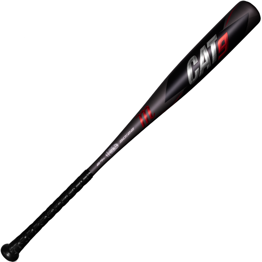 A used 2021 Marucci CAT9 (-8) 2 3/4" USSSA Baseball Bat (MSBC98) by Marucci, in black with red accents and a textured grip, is displayed on a white background. This one-piece alloy bat is designed for Senior League play.