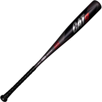 A used 2021 Marucci CAT9 (-8) 2 3/4" USSSA Baseball Bat (MSBC98) by Marucci, in black with red accents and a textured grip, is displayed on a white background. This one-piece alloy bat is designed for Senior League play.