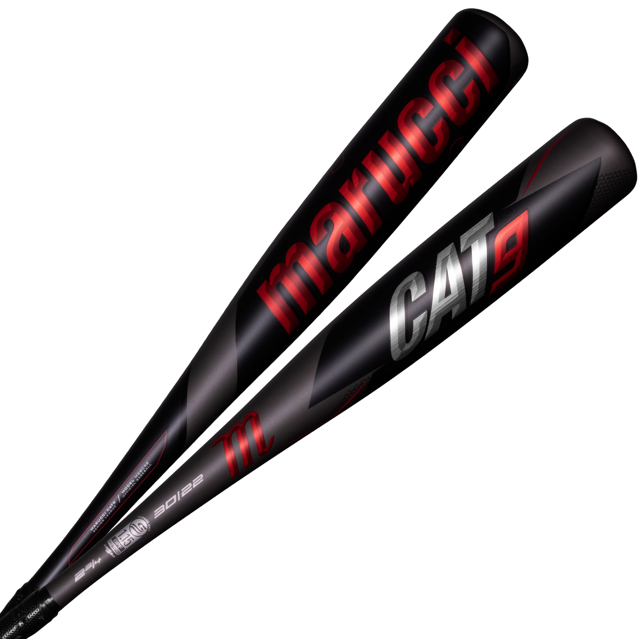 Two 2021 Marucci CAT9 (-8) 2 3/4" USSSA Baseball Bats (MSBC98, USED) are shown with a black and gray design, bold red and silver lettering, matte finish, and high-performance AZR alloy construction.