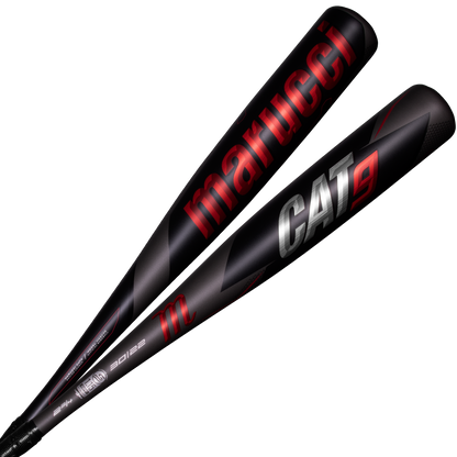 Two 2021 Marucci CAT9 (-8) 2 3/4" USSSA Baseball Bats (MSBC98, USED) are shown with a black and gray design, bold red and silver lettering, matte finish, and high-performance AZR alloy construction.