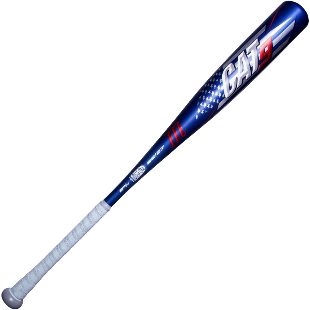 A blue 2021 Marucci CAT9 Pastime (-5) USSSA Senior League bat with a white grip, CAT9 text, an American flag accent near the barrel, and crafted from durable AZR alloy.