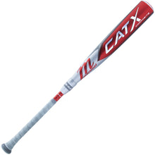The 2023 Marucci CATX Composite (-5) USSSA Baseball Bat: MSBCCPX5 (USED) features a red, silver, and white balanced design with a grey grip and Marucci branding, displayed on a white background.