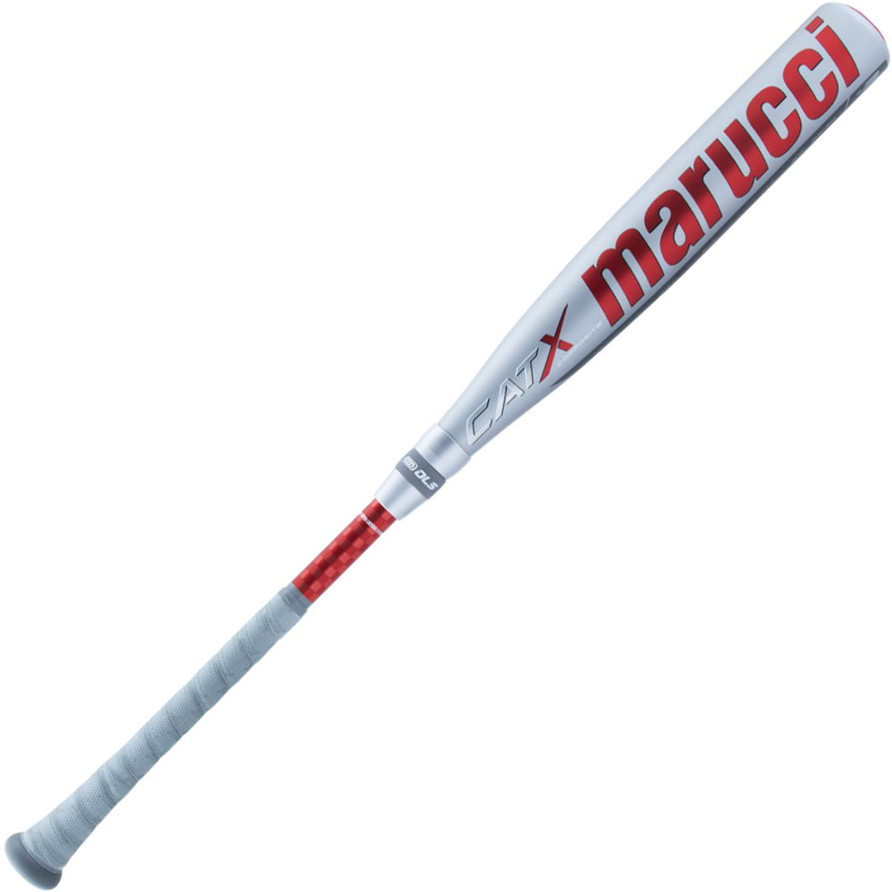 The 2023 Marucci CATX Composite (-8) USSSA Baseball Bat features a silver barrel with red accents, a gray grip, bold marucci branding, and a balanced design for increased swing speed.