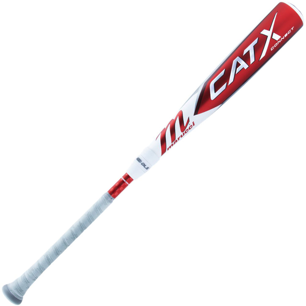 The 2023 Marucci CATX Connect (-8) 2 3/4" USSSA Baseball Bat (MSBCCX8) features a red and white design with silver grip tape, an AZR alloy barrel, and end-loaded build by Marucci, displayed on a white background.