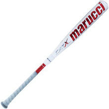 The 2023 Marucci CATX Connect (-8) 2 3/4" USSSA Baseball Bat (MSBCCX8) features a white design with red and gray accents, a large red "marucci" logo on the AZR alloy barrel, and a textured gray grip for enhanced control.