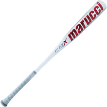 The 2023 Marucci CATX (-5) 2 3/4" USSSA Baseball Bat (MSBCX5) features a white barrel with large red Marucci branding, a gray grip, and a liquid-gel dampening knob to reduce vibration.