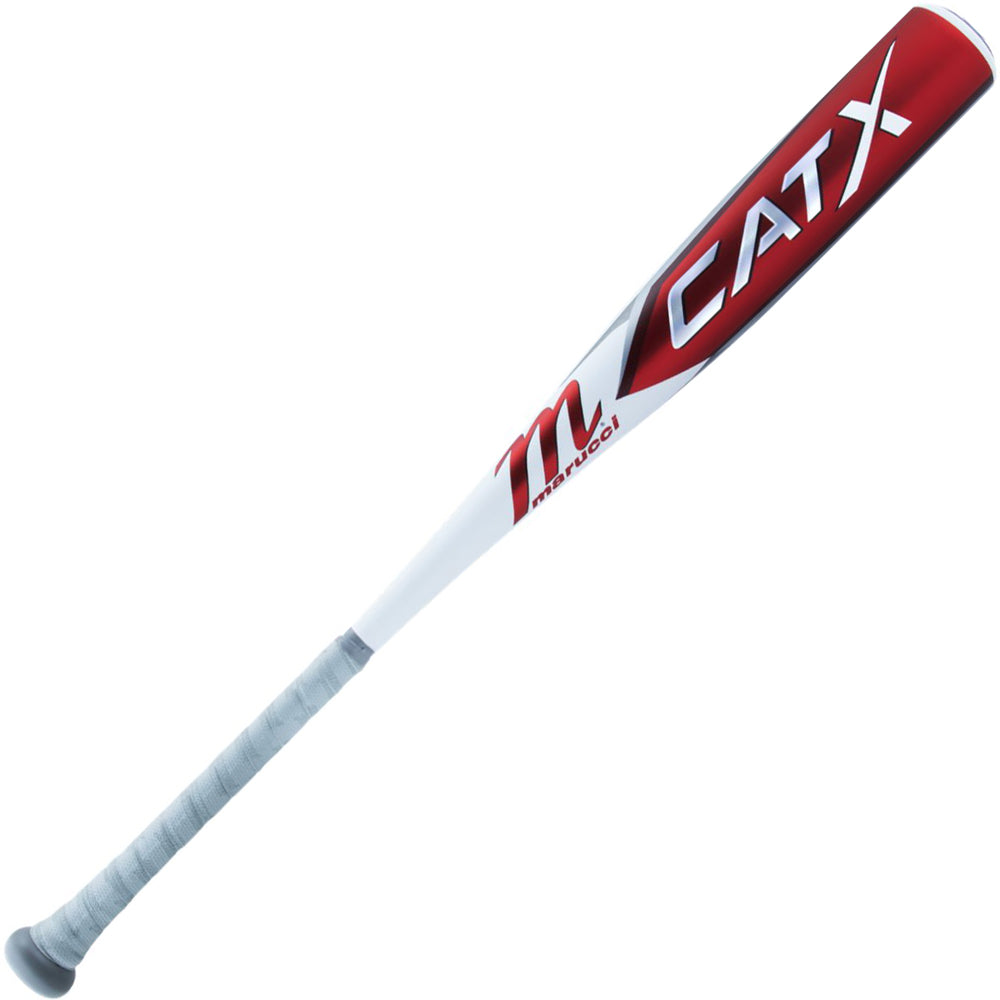 A close-up of the 2023 Marucci CATX (-5) USSSA Baseball Bat (USED) showcases its liquid-gel dampening knob and durable AZR aluminum design.