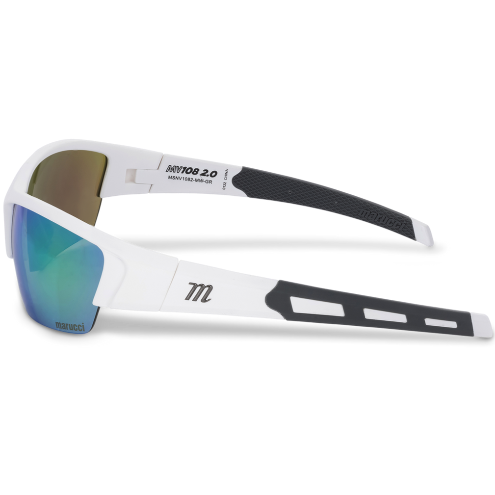 The Marucci MV108 2.0 Performance Sunglasses (MSNV1082) feature white and black frames, reflective blue-green Carl Zeiss lenses, a Marucci logo on the side, and arm accents, displayed on a plain white background.